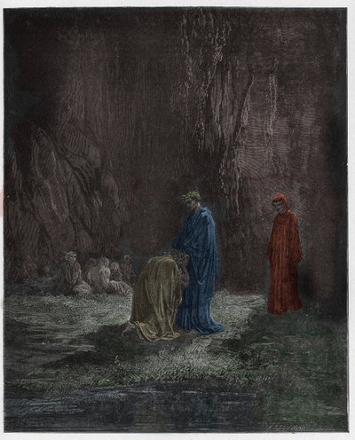 Purgatorio, Canto 7: The poet Sordello, astonished, kneels before Virgil (illustration from The Divine Comedy) by Gustave after Dore